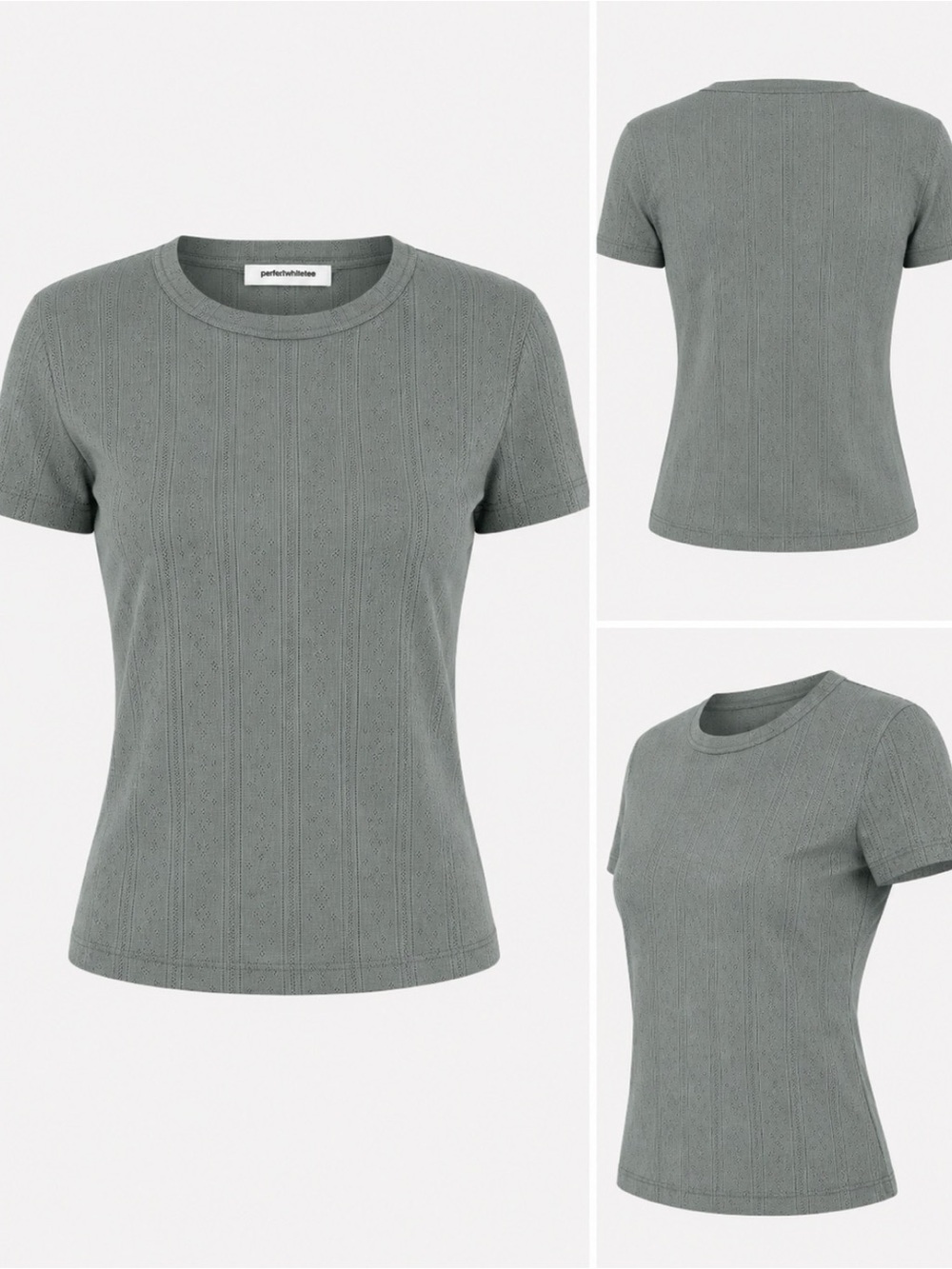 Perfectwhitetee Pointelle Baby Tee 100% Cotton Sage Green blue gray top L